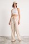 Women's Elastic Waist, Detailed Cuffs, Palazzo Style Cotton Beige Trousers - 4