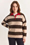 Women's Oversize Striped Polo Collar Heart Pattern Embroidered Knitwear Cream Brown Sweater - 2