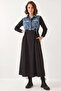 Women's Denim Garnished Long Flared Black Dress - 5