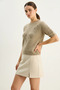 Women's Floral Motif Embossed Embroidery Detailed Short Sleeve Knitwear Dark Beige Sweater - 2