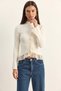 Women's Lace Detailed Half Turtleneck Buttoned Ribbed Knitwear Ecru Cardigan - 5