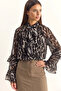 Women's Tie-Neck Patterned Chiffon Flounce Sleeve Black Blouse - 2