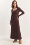 Women's Long Sleeve U-Neck Relaxed Bitter Coffee Dress - 2