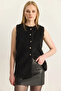 Women's Soft Textured Bearded Button Detailed Lined Black Vest - 5