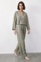 Women's Floral Patterned Double-Breasted Kimono with Loose Trousers Water Green Top and Bottom Set - 3