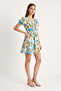 Women's Floral Patterned Mini Blue Dress with Bow Detail - 2