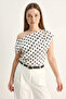 Women's Boat Neck Draped Polka Dot Ecru Black Blouse - 4