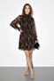 Women's Patterned Gipeli Collar and Sleeve Detailed Belted Lined Mini Chiffon Brown Dress - 5