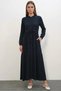 Women's High Collar Navy Blue Hijab Dress with Gathered Waist - 5
