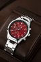 Men's Silver Metal Band Wristwatch – Sporty Classic Design with Burgundy Dial Chronograph Look - 2