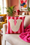 Punch Embroidered Throw Pillow Cover - 43*43 cm - Pink Letter V - Pnk001