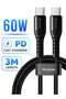 60W USB-C to USB-C PD 3.0 Fast Charging Cable 3M, Braided Nylon, iPhone 16 15, iPad