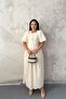 Beige Embroidered Balloon Sleeve Gathered Dress