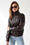 2218 Women's Stand Collar Epaulet Leather Bomber Jacket Brown - 5