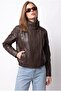 2218 Women's Stand Collar Epaulet Leather Bomber Jacket Brown - 3