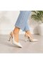 Women's High-Heeled Shoes with Open Back and Buckle Detail. White Pearlescent Women's Stilettos. - 2