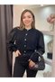 Women's Black Buttoned Sleeves Poplin Balloon Sleeve Knitwear Cardigan Blouse