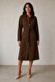 Women's Safari Model Coated Buttoned Belted Pocketed Long Denim Trench Coat