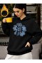 Denim Pattern Flower Front Print Oversized Women's Hooded Sweatshirt