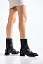 Women's Black Leather Short Heeled Zippered Winter Boots - 2