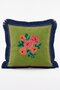 Vintage Rose Patterned Green and Navy Blue Striped 4-Piece Fringed Throw Pillow Cover Set - 3