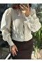 Women's Beige Buttoned Knitwear Blouse Poplin Long Ribbed Balloon Sleeves Openwork High Neck Waist Length Stylish Cardigan - 4