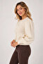 Women's Beige Buttoned Knitwear Blouse Poplin Long Ribbed Balloon Sleeves Openwork High Neck Waist Length Stylish Cardigan - 2