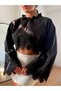 Women's Black Tie-Neck Lace Detailed Flounce Sleeve Crop Blouse - 4