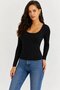 Women's U-Neck Long Sleeve Stretchy Basic Blouse – Black - 2
