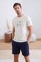 Ecru-Navy Blue Regular Game Printed Knitted Shorts Pajama Set Tmnss25Pt00077