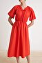 Pomegranate Flower Front Tie Detail Balloon Sleeve Midi Woven Dress Twoss26El00718 - 3