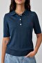 Navy Blue Horse Embroidered Openwork/Hole-Punched Polo Collar Blouse Twoss26Bz01101 - 3