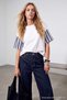Navy Blue Crew Neck T-Shirt with Woven Fabric Detail on Sleeves and Back Tdrss26Ts00051