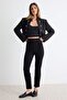 Siyah Toparlayıcı Yüksek Bel Nervürlü Beli Lastikli Slim Fit Kalın Örme Pantolon TWOAW24PL00114 - 2