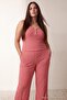 Kırmızı Çizgili Askılı Beli Lastikli Örme Büyük Beden Pijama Takımı TBBAW27AI00042 - 2