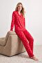 Kırmızı %100 Pamuklu Leopar Kalpli Örme Pijama Takımı THMAW25PT00142