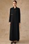 Stone and Satin Detailed Lined Oversized Overcoat Black 6837 - 2