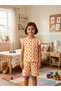 Girls Cotton White Orange Floral Patterned Short Sleeve Shorts Pajama Set with Ruffle Sleeves