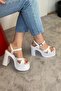 Women's Keyli White Skin Cross Strap Platform Heeled Shoes - 5