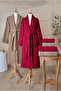 6 Piece Striped Bathrobe Set 100% Cotton Certified Family Towel Bathrobe Set Dowry Set Burgundy Brown - 8