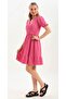 Pink Double-Breasted Collared Balloon Sleeve Summer Wrap Dress - 4