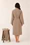 Striped Women's Bathrobe Set 100% Cotton Certified 2-Piece, Shawl Collar Bathrobe + Head Towel - Beige - 2