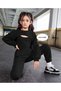Girls' Black Waffle Knit 3-Piece Top and Bottom Set - Long Sleeve Crop Top and Tube Leg Jogger - 6