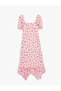 Asymmetrical Cut Short Balloon Sleeve U-Neck Tulle Detailed Long Floral Dress - 4