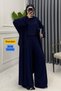 Women's Combed Cotton Long Cardigan Blouse with Wide-Legged Trousers 3-Piece Abaya Set 3205 Navy Blue - 3