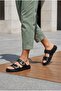 Women's Genuine Leather Gold Buckle Detailed Thick Sole Slippers Merpe Black - 4
