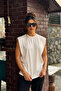 Women's Zero Sleeve Cream Crew Neck 100% Cotton Oversized Sleeveless Kejıl T-Shirt - 5