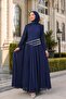 Navy Blue Pearl Embroidered Cape Evening Dress - 2