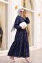 Elastic Sleeves, Half Buttoned, Jacquard Printed, Parted Dress - Navy - 5