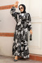 Patterned Black Hijab Dress 23582S